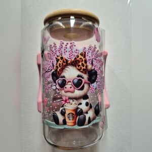 Cute Pink Highland Cow 16oz Glass Tumbler Made-to-order Lid Straw